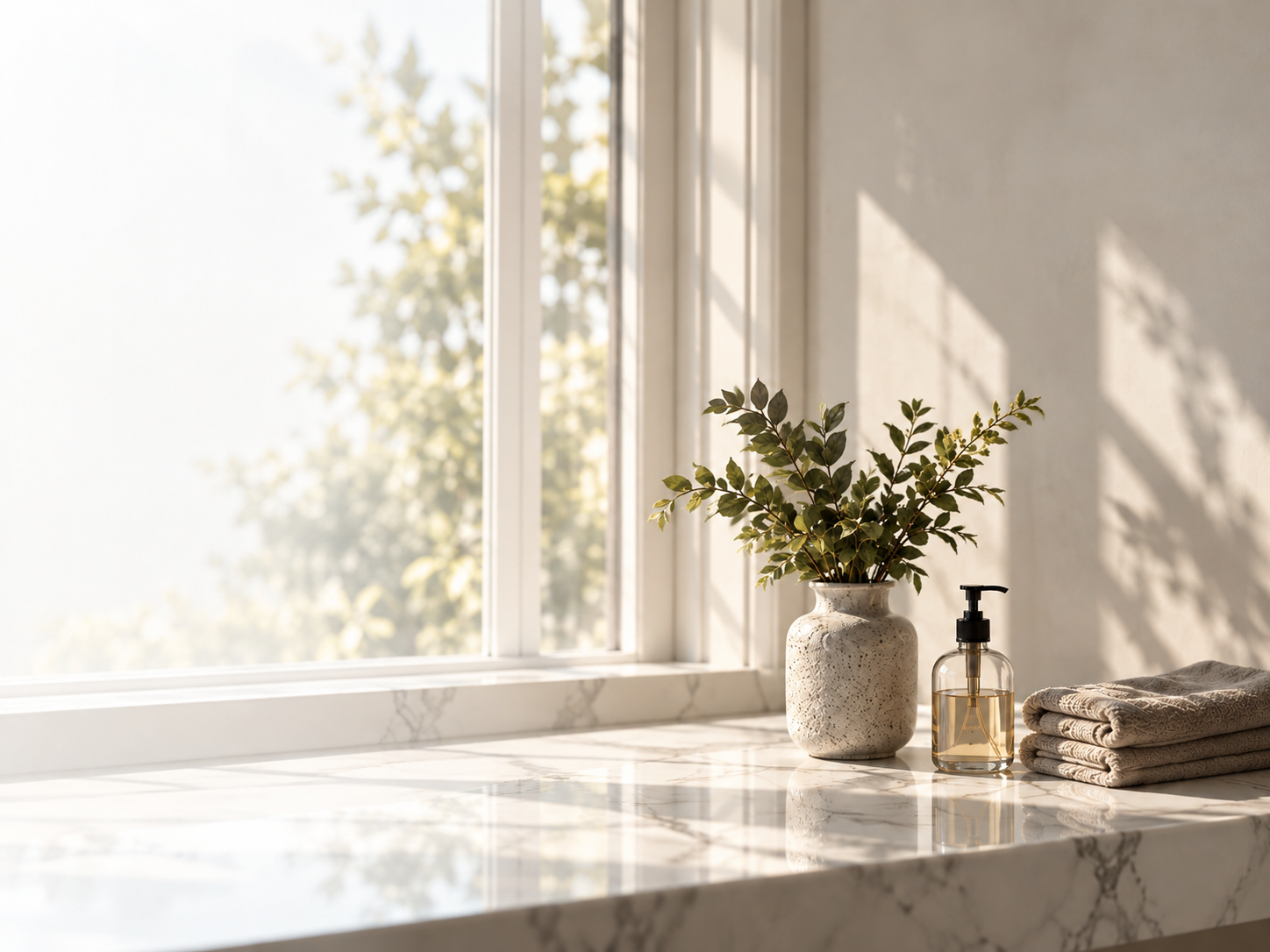 Clean bathroom counter with towels and cleaning essentials